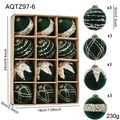 Set of 12 dark green flocked velvet Christmas balls with glitter patterns in a storage box - 6CM Green Flocked Ball