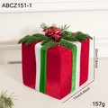 Red velvet Christmas gift box ornament with green stripes and pine needle bell detail - Small Gift Box Decor (Type B)