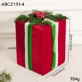 Red velvet Christmas gift box ornament with green pine needles and festive bells - Large Gift Box Decor (Type B)