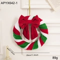 Couronne de Noël avec rayures rouges et vertes et un grand nœud en velours rouge élégant - Couronne de Noël