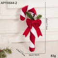 Red and white velvet candy cane ornament with bow, bells and pine needles - Medium Candy Cane Ornament