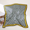 Silk square scarf with yellow border and white floral clover pattern on beige background - Heart Clover Flower
