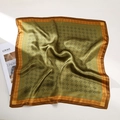 Olive green silk square scarf with golden geometric patterns and dark brown borders - Military Green Grid