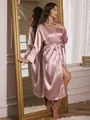 Detail of dusty pink silk bathrobe with elegant waist tie and smooth satin texture - S / Pink