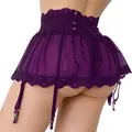 Macro detail of purple lace garter skirt featuring adjustable metal clips and mesh trim - S / Purple
