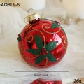 8cm red Christmas ball with green gold glitter leaf patterns and sparkling red beads - Red Glitter Leaf Bead Style (AQBL9-6)