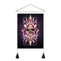 Detail of skull art tapestry with shells, wooden rod, and black tassels on canvas - 35x50cm / Shell Ocean Abstract Skull (Style 3)