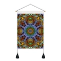 Detail of mandala tapestry with wooden hanger, black tassels and vibrant fractal pattern - 35x50cm / Style 5