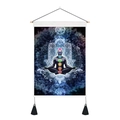 Detail of bohemian tapestry featuring seven chakras, hamsa hand, and wooden hanging frame - 35x50cm / Seven Chakras Meditation Figure (Style 2)