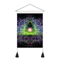 Close-up of bohemian wall tapestry with hooded mystic figure and purple fractal art - 35x50cm / Mysterious Cloaked Figure With Geometry (Style 3)