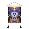 Detail of bohemian mandala tapestry with purple fractal art, wood pole and black tassels - Fractal Mandala With Center Eye (Style 5)