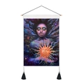 Detail of artistic yoga tapestry with nebula goddess print, wood rod and black tassels - 35x50cm / Meditating Woman With Nebula Sun (Style 5)