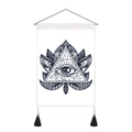 Detailed close-up of eye motif on black and white tapestry with wooden hanging rod - 35x50cm / Triangle All Seeing Eye (Style 3)