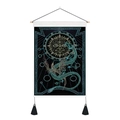 Dettaglio di arazzo mandala con motivi di sole e drago e nappe nere decorative - 35x50cm / Totem del Dio del Sole Drago Fenice
