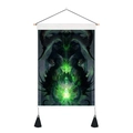Detailed view of fantasy tapestry with horned creature, wooden rod and black tassels - 35x50cm / Horned Magical Creature Green Eyes Style