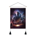 Detailed view of Shiva tapestry with cosmic nebula art, wooden rod, and black tassels - 35x50cm / Shiva Art Universe Theme Style