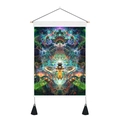 Detailed close-up of printed yoga tapestry with bee pattern, wooden rod, and black tassels - 35x50cm / Psychedelic Bee (Style 2)