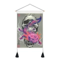 Artistic hanging scroll with pink axolotl, skull, and black tassels on wooden pole - 35x50cm / Three-Eyed Pink Axolotl Skeleton (Style 3)