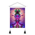 Detail of cyberpunk skull tapestry featuring wooden bar, black tassels, and neon psychedelic art - 35x50cm / Cyber Multi-Eyed Surreal Creature (Style 5)