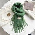 Grass green cashmere-feel scarf with double-sided knit texture and elegant long tassels - Cyan Green