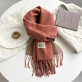 Solid coral pink cashmere-like scarf with fringe tassels and brand label for autumn winter - Pink Orange