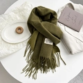 Olive green double-sided faux cashmere scarf with tassels and decorative brand label - Mustard Green