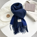 Double-sided navy blue cashmere-feel scarf with fine tassels and premium woven label - Navy Blue