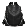 Detail of black leather backpack with white stitching and jacquard strap - Black
