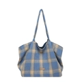 Sac fourre-tout en toile à carreaux bleus de style anglais à grande capacité porté épaule - Bleu