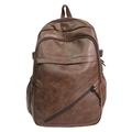 Brown vintage faux leather laptop backpack with multiple zippers and textured finish - Brown