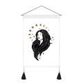 Bohemian moon phase tapestry with woman silhouette and golden star accents on white canvas - Goddess with Star Hair and Moon Phases / Standard Spec