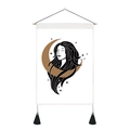 Detail of white celestial tapestry with gold moon and goddess art, featuring black tassels - Goddess Moon Star Combination / Standard Spec