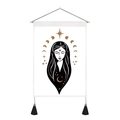 Detail of wall tapestry featuring gold moon, stars, and female portrait with black tassels - Profile Goddess and Occult Elements / Standard Spec