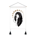 Detail view of gold moon phases and stars art on a bohemian wall tapestry with tassels - Long Hair Female and Gradient Moon Phase / Standard Spec