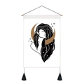 Detail of bohemian tapestry featuring a gold moon, stars and female silhouette with tassels - Closed Eyes Woman and Gold Crescent / Standard Spec