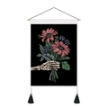 Macro detail of skull hand holding flowers tapestry with wooden rod and black tassels - 35x50cm / Skull Hand Holding Flowers (Style 2)