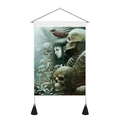 Gothic skull and lily tapestry detail with wooden scroll and black tassels hanging - 35x50cm / Maiden and Skulls (Style 3)