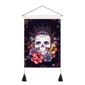 Detail of gothic skull tapestry featuring crown, red roses and black tassels - 35x50cm / Crowned Skull Rose (Style 5)