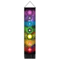 Close-up of a black meditation tapestry featuring seven colorful chakra symbols and tassels - 32.5x130cm / Vertical Seven Chakra Symbols (Style 4)