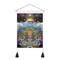 Close-up of printed tapestry texture with Buddha and mandala design on wood rod - 35x50cm / Buddha Mandala Universe (Style 3)