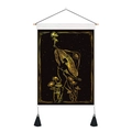 Golden mushroom art tapestry with celestial female figure and wood hanging scrolls - 35x50cm / Mystical Mushroom Eye Style