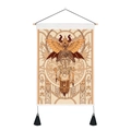 Detailed close-up of golden mushroom wall tapestry with wooden hanger and black tassels - 35x50cm / Art Nouveau Winged Skeleton Style