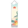 Vertical wall tapestry detail with rising sun, clouds, and floral art on fabric - 32.5x130cm / Red Sun And Floral Landscape Style