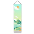 Detail of landscape tapestry featuring green mountains and orange sun with tassel accents - 32.5x130cm / Scenic Mountains And Rural House Style