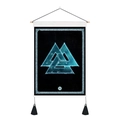 Detail of Valknut tapestry with blue glowing symbol, wooden rod and black tassels - 35x50cm / Style 1