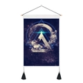 Detail of sci-fi space tapestry with moon and nebula design featuring wooden hanging rod - 35x50cm / Style 3