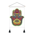 Close-up of Hamsa Hand tapestry with wooden pole, tassels and boho geometric pattern - 35x50cm / Bohemian Colorful Hand (Style 3)