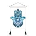 Close-up of bohemian Hamsa Hand tapestry with blue lotus pattern and black tassels - 35x50cm / Blue & White Lotus Hand (Style 4)