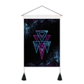 Detail of 3D sci-fi space tapestry with neon triangles, celestial nebula and black tassels - 35x50cm / Style 7