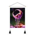 Detail of moon tapestry showing pink skull design, purple clouds and black tassels - 35x50cm / Pink Dripping Skull Moon